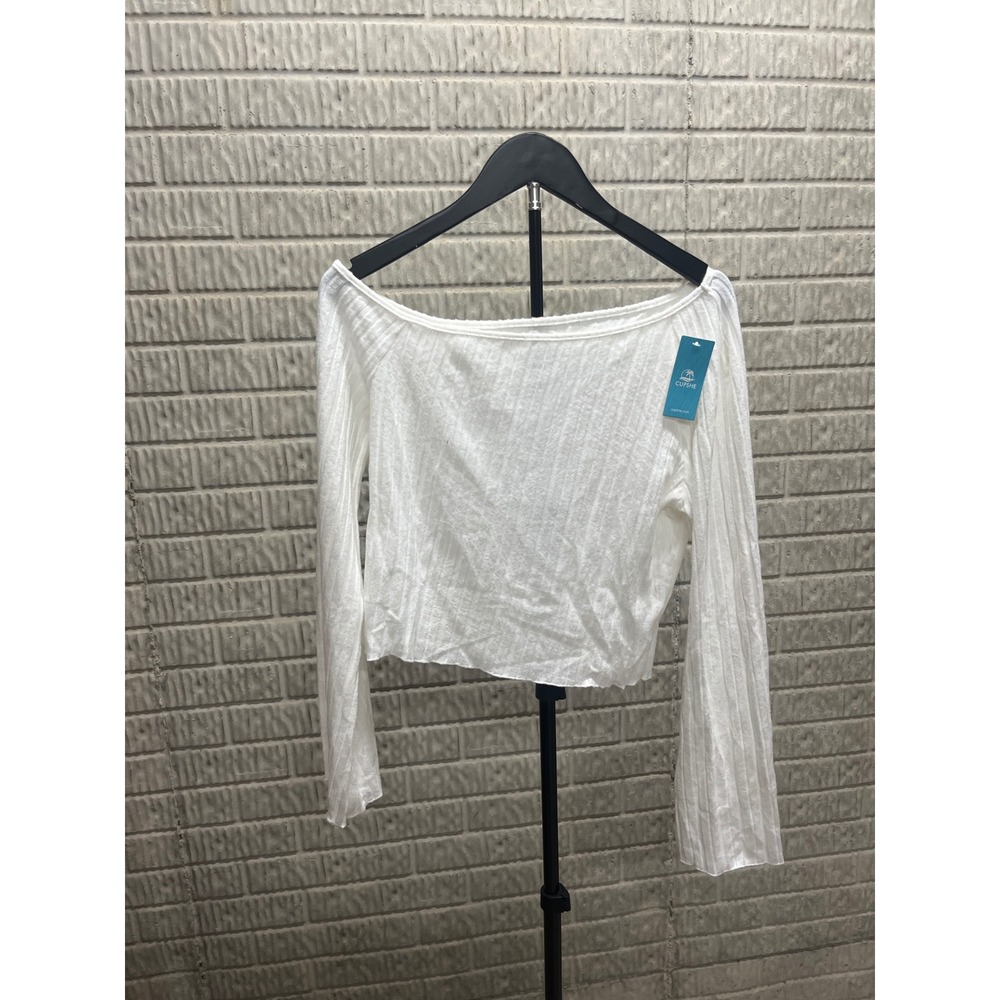 Cupshe White Ribbed Off the Shoulder Long Bell Sleeve Crop Top CAA04B4H037CC L
